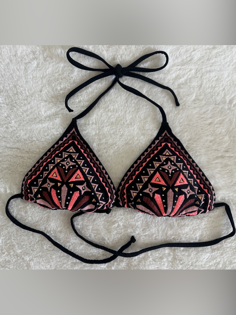 Xhilaration - Black & Pink Embroidered Triangle Bikini Top - Size Medium